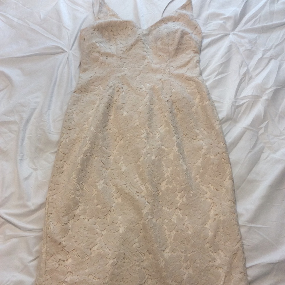 Vince Camuto Floral Lace V-Neck Midi Dress Spaghetti Strap Cocktail Sheath Cream